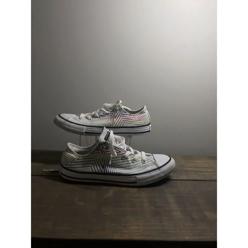 Converse Shoes Youth 3 Rainbow Star Sneakers White Canvas Low Top Casual 665398F